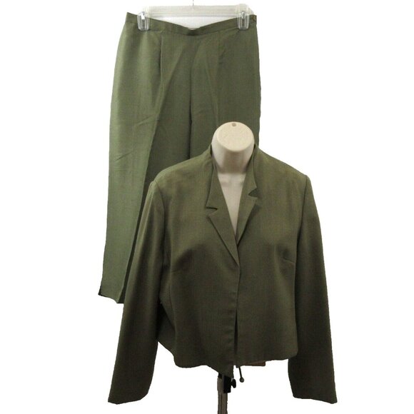 Henry Lee/Judith Hart Womens 2pc Open Front Jacket 14 100% Silk Pants 14P Green - Picture 1 of 11